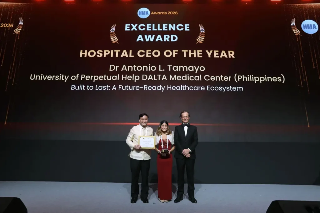 Receiving the award on behalf of Dr BGen Antonio L. Tamayo are (from left) LTC Richard Antonio M. Tamayo, President of University of Perpetual Help DALTA Medical Center (UPHDMC); Dr. Rachel Antonette G. Tamayo, Board Member; and Mr. Richard Clarion, Clarion Events Asia.